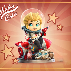 May include: A figurine of a female character wearing a white jumpsuit and a helmet, sitting on a rocket-shaped base. The character is holding a red and white bottle labeled "Nuka Cola". The base is decorated with stars and the words "Nuka Cola".