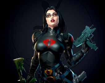 May include: A female action figure with long black hair, wearing a black leather suit with a red Cobra symbol on the chest. She is holding a green and black gun in her right hand and a black and green rifle in her left hand. The background is a dark blue and black gradient.