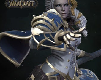 May include: A female character from the World of Warcraft video game, wearing blue and gold armour with a white tunic. She has long blonde hair and blue eyes. She is holding out her hand, as if to beckon someone forward.