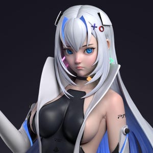 May include: An anime character with white hair and blue eyes, wearing a black and white outfit. The character has a tattoo on their arm that says "PS5".