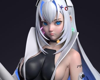 May include: An anime character with white hair and blue eyes, wearing a black and white outfit. The character has a tattoo on their arm that says "PS5".