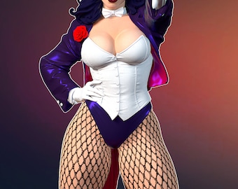 May include: A woman in a purple and white magician's costume with a top hat, a red rose, and fishnet stockings. She is holding her right hand out in a gesture of invitation.