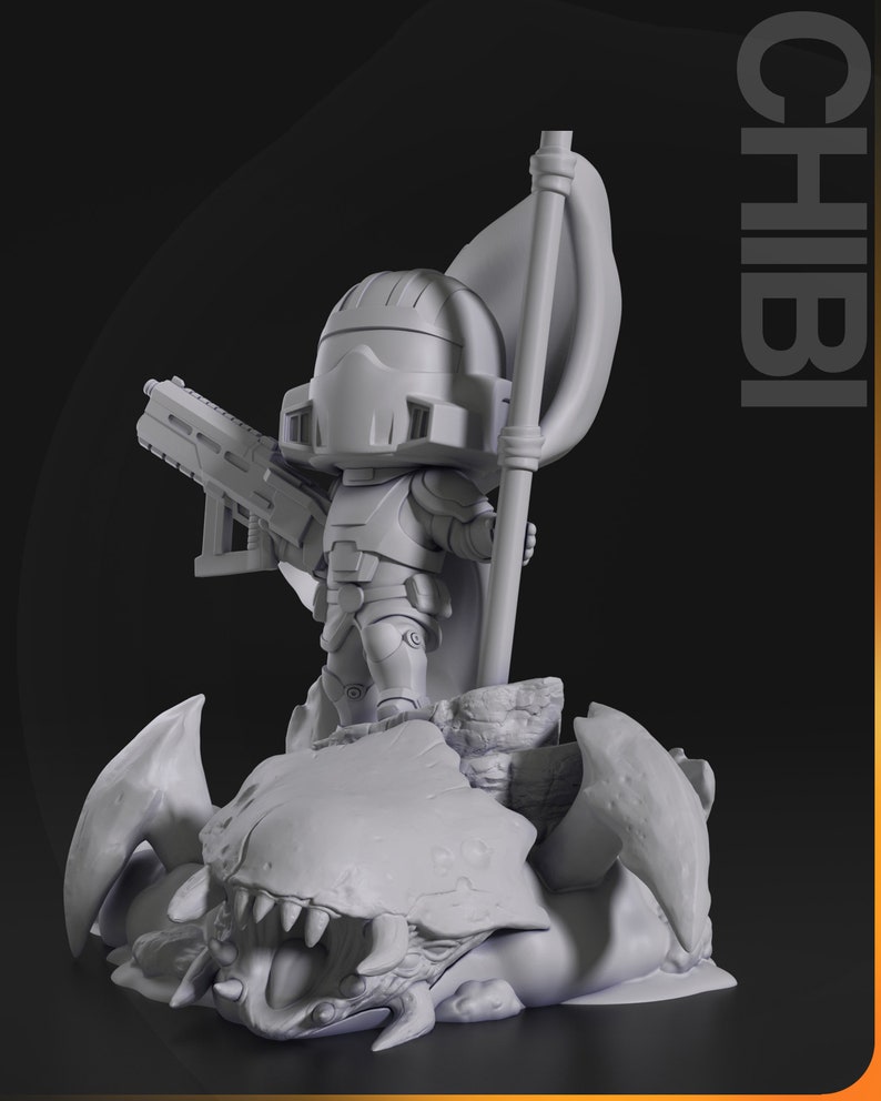 May include: A grey 3D printed figurine of a chibi character in armour holding a weapon and standing on a defeated monster. The character is holding a flag and the word "CHIBI" is written in the background.