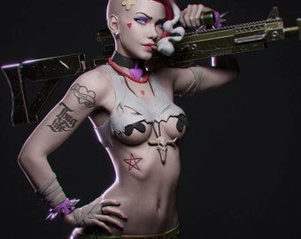May include: A woman with pink hair and a bandanna is holding a large black and green rifle. She is wearing a white tank top with a skull and crossbones design, a black choker necklace, and a black belt with the word "TANK" on it. She has a tattoo on her left arm that says "Drug Life" and a heart with the word "TRUE" inside. She is also wearing a bandage on her forehead.