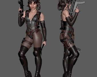 May include: A female action figure wearing a black leather outfit with a gun and a baton. The figure has brown hair and is wearing a black leather helmet with a visor.