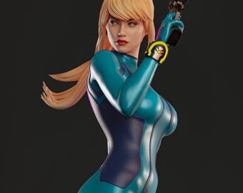 May include: A female figure in a blue and purple suit with a gun in her right hand. Her hair is blonde and she is looking to the left.