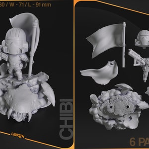 May include: A 6-part, grey, plastic, 3D printed model kit of a chibi-style space marine standing on a monster. The model is 80 mm tall, 71 mm wide, and 91 mm long. The kit includes the space marine, the monster, a cape, a flag, and a weapon.