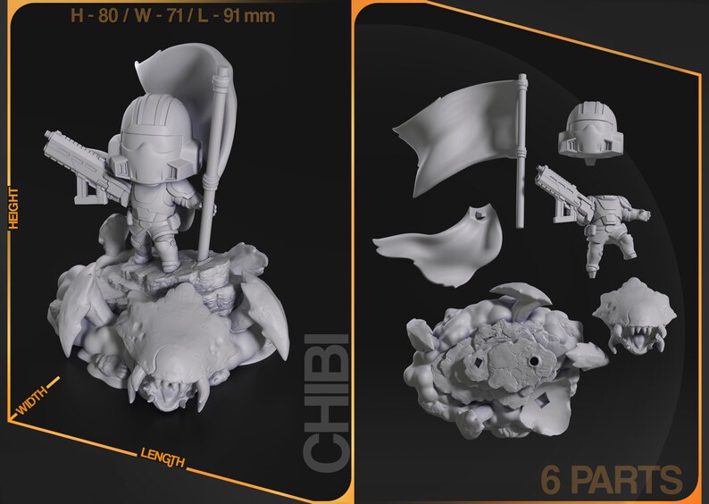 May include: A 6-part, grey, plastic, 3D printed model kit of a chibi-style space marine standing on a monster. The model is 80 mm tall, 71 mm wide, and 91 mm long. The kit includes the space marine, the monster, a cape, a flag, and a weapon.