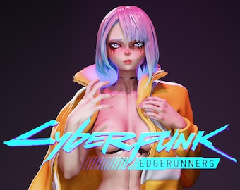 May include: A cyberpunk-themed illustration featuring a female character with blue and pink hair, wearing a yellow jacket with a partially unzipped front. The character is looking directly at the viewer with a serious expression. The text "CYBERPUNK EDGERUNNERS" is displayed in a neon-style font below the character.