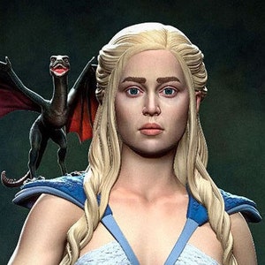 May include: A detailed sculpture of a woman with long, braided blonde hair and blue eyes, wearing a blue and white outfit. A small dragon with red wings is perched on her shoulder. The background is a dark green.