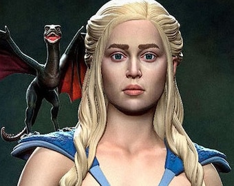 May include: A detailed sculpture of a woman with long, braided blonde hair and blue eyes, wearing a blue and white outfit. A small dragon with red wings is perched on her shoulder. The background is a dark green.