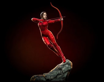 May include: A red-clad figure with a bow and arrow, poised in a dynamic pose on a rocky outcrop. The figure is sculpted in a realistic style, with detailed features and a dramatic expression.
