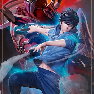 May include: A blue and black anime figure of a young man with black hair and blue eyes. He is wearing a blue hoodie and black trousers. He is standing in a dynamic pose with his arms outstretched. The background is a red and blue abstract design.