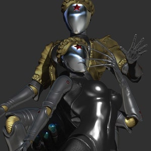 May include: Two silver robots with gold accents. The robot in the front is wearing a black bodysuit and has a red star on its forehead. The robot in the back is wearing a gold jacket and has a red star on its forehead.