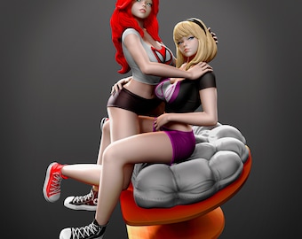May include: Two figures, one with red hair and a white shirt with a red spider symbol, the other with blonde hair and a black shirt with a purple design, are sitting on a white and orange heart-shaped cushion. The figure with red hair is holding the other figure's arm.