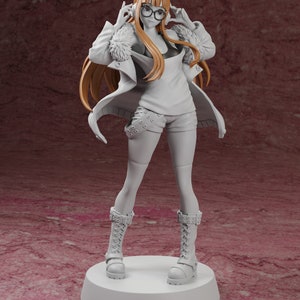 May include: A gray painted figurine of a female character wearing a white shirt, a brown jacket, and black boots. She has long brown hair and is wearing glasses. The figurine is standing on a round base.