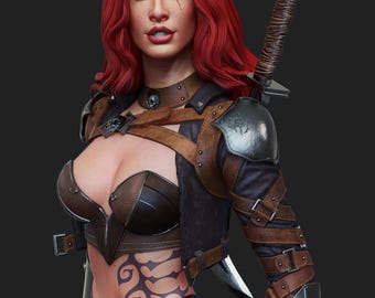 May include: A woman with long red hair wearing a black leather top with straps and a silver metal arm guard. She is holding a sword with a brown leather handle.