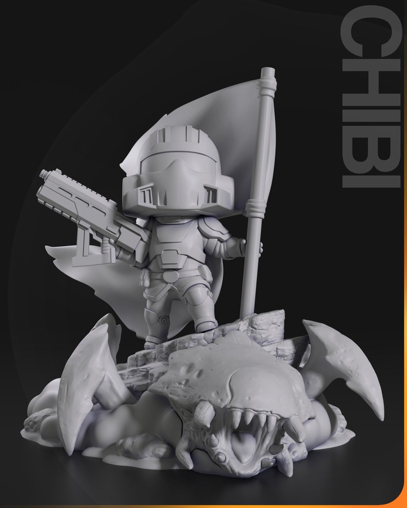 May include: A grey 3D printed figurine of a chibi-style space soldier standing on a defeated alien creature. The soldier is holding a gun and a flag. The word "CHIBI" is printed in the background.