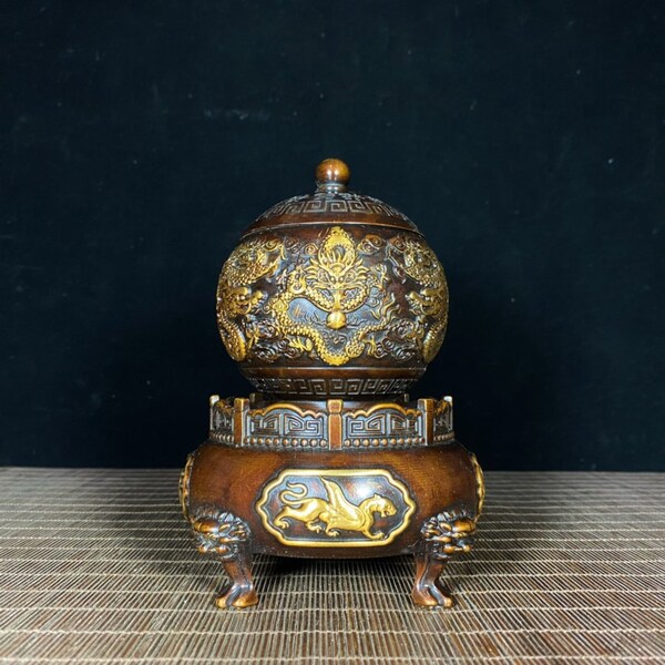 Antique Brass Gilded Incense Burner with Mythical Beast Carvings - Chinese Artifact, Home and Office Decor, Desktop Ornament, J1136