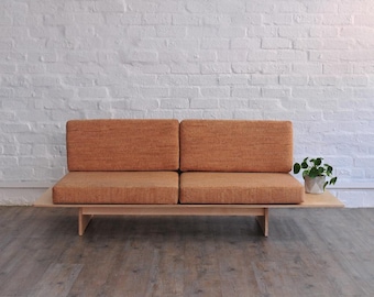 Cork Leather Sleeper Couch: Birch Wood Frame, Scandinavian Japandi Style