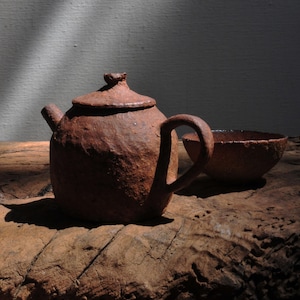 Juego de té chino de cerámica cocida en horno de leña: tetera GongFu + taza de té, cerámica artesanal de arcilla – Gres Wabi Sabi