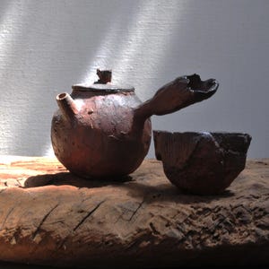Service à thé Gongfu cuit au bois – Théière chinoise + tasse à thé – Grès de frêne naturel fait main, style Wabi Sabi