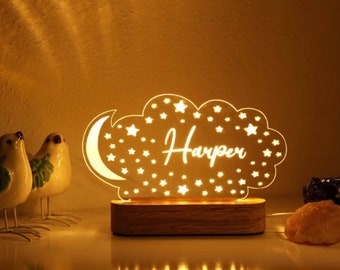 Personalized Night Light in the Starry Sky, Moon and Stars with Custom Name Light, Kids Room Decor, Personalized Moon and Star Lamp for Kids