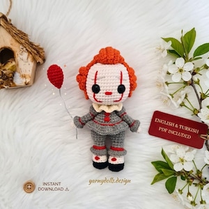 Penny Clown Crochet Pattern, Horror Amigurumi Doll Tutorial, Halloween Craft (English Turkish PDF)