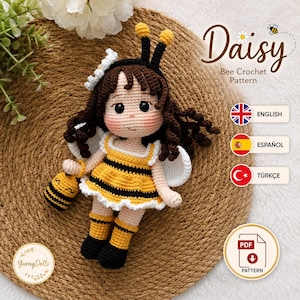 Daisy Bee Crochet Pattern PDF, Bumblebee Amigurumi Doll, Wings, Honey Pot Bag