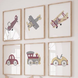 Vintage Transportation Prints: Maroon, Gray & Yellow Car, Train, Plane (Digital Download)