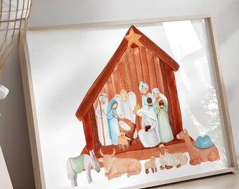 May include: A watercolor painting of a nativity scene with a wooden stable, a star on top, and figures of Mary, Joseph, baby Jesus, and the three wise men. The painting is framed and hanging on a wall.