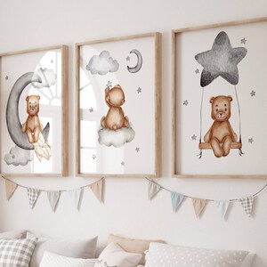 Adorable Watercolor Teddy Bear Nursery Wall Art - Set of 3 Prints - Digital download