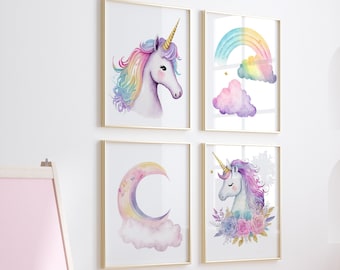 Unicorn Nursery Decor: Pastel Rainbow Wall Art (Set of 4) (Digital Download)