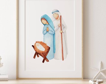 Watercolor Nativity Scene Print: Holy Family Christmas Decor (Digital Download)