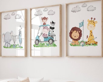 Safari Animals Golf Nursery Print Set: Playful Kids Room Decor (Digital Download)