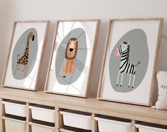 Safari Animal Nursery Prints: Giraffe, Lion, Zebra (Set of 3) (Digital Download)