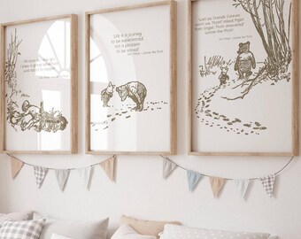 Set de láminas con citas de Winnie the Pooh: Decoración neutra para habitación infantil (descarga digital)