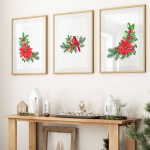 Juego de 3 cuadros navideños para pared / Decoración navideña con cardenal y flor de Pascua / Trío de impresiones botánicas de invierno