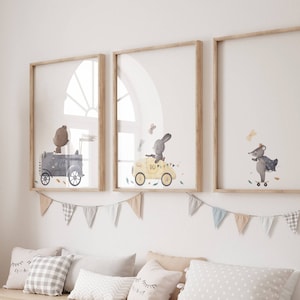 Tiere im Autos, Jungen-Kinderzimmer-Drucke, Vintage Rennautos, Waldtiere, Minimalistische Baby-Dekor - Druckbare digitale Dateien