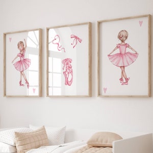 Set of 3 Ballet Watercolor Prints - Pink Ballerina Nursery Wall Art