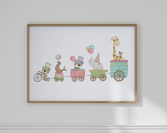 Adorable juego de arte de pared para habitación infantil con tren de circo - Decoración con efecto brillante