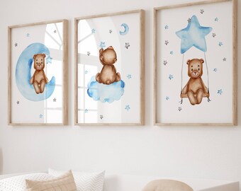 テディベアの水彩画プリント3枚セット：青い風船の保育園アート - Etsy