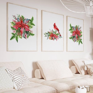 Conjunto de acuarelas de cardenal festivo y flor de Pascua / Trío de arte mural navideño / Decoración navideña