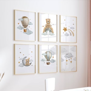 Heißluftballon-Kinderzimmer-Wandkunst, 6er-Set, Heißluftballon-Baby-Dekor, Teddybär-Kinderzimmer-Kunst, Boho-Kinderzimmer-Dekor