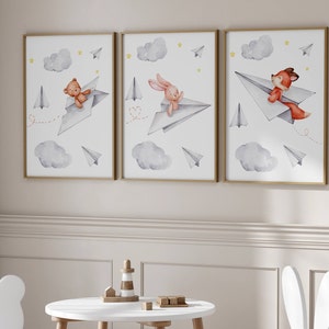 Set di 3 stampe da parete per cameretta con animali su aerei di carta, stampa unisex, decorazione per cameretta, decorazione boho per cameretta.