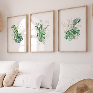 Monstera Blätter Print-Set, Tropische Dekorpflanze, Print-Set von 3, Grün-Gold Botanischer Druck, Tropische Wandkunst, Salbei Grüne Blätter Art