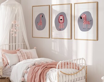 Safari Animal Nursery Prints: Giraffe, Lion, Zebra (Set of 3) (Digital Download)