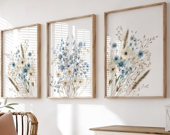 Navy Blue Wildflower Art Prints: Boho Floral Wall Decor (Digital Download)