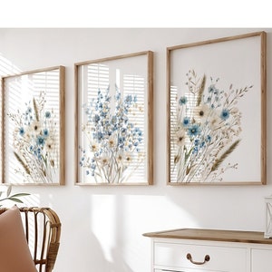 Navy Blue Wildflower Art Prints: Boho Floral Wall Decor (Digital Download) image 1