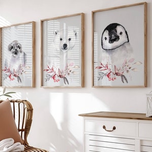 Arte de pared para guardería con animales del Ártico: juego de 3 impresiones, impresión de invierno neutra, decoración navideña, impresión navideña en acuarela, decoración imprimible de bosques
